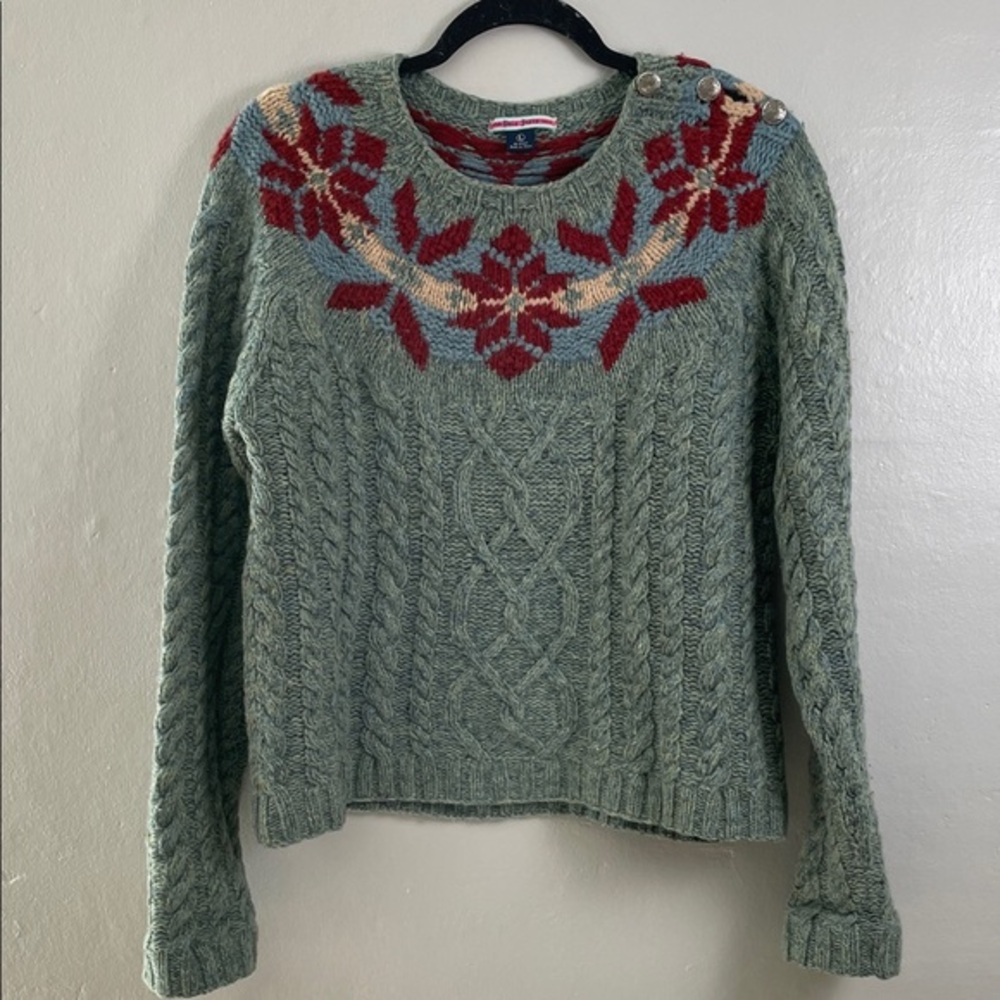 Vintage Ralph Lauren Green Cable Knit Sweater with Red Floral Design Size Lg